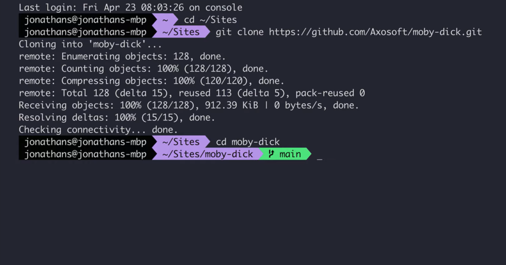 Screenshot of a terminal showing git commands for a project named 'moby-dick'