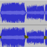 Arepetitive pattern of blue audio waveforms against a grey background