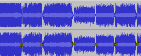 Arepetitive pattern of blue audio waveforms against a grey background