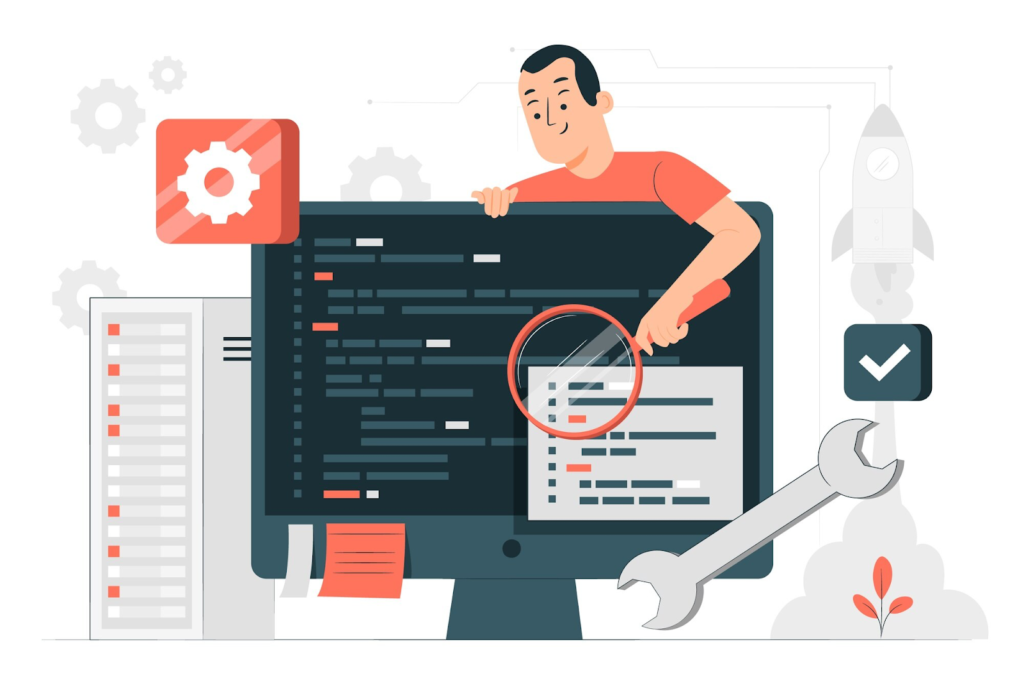 Animated man checking code on a website