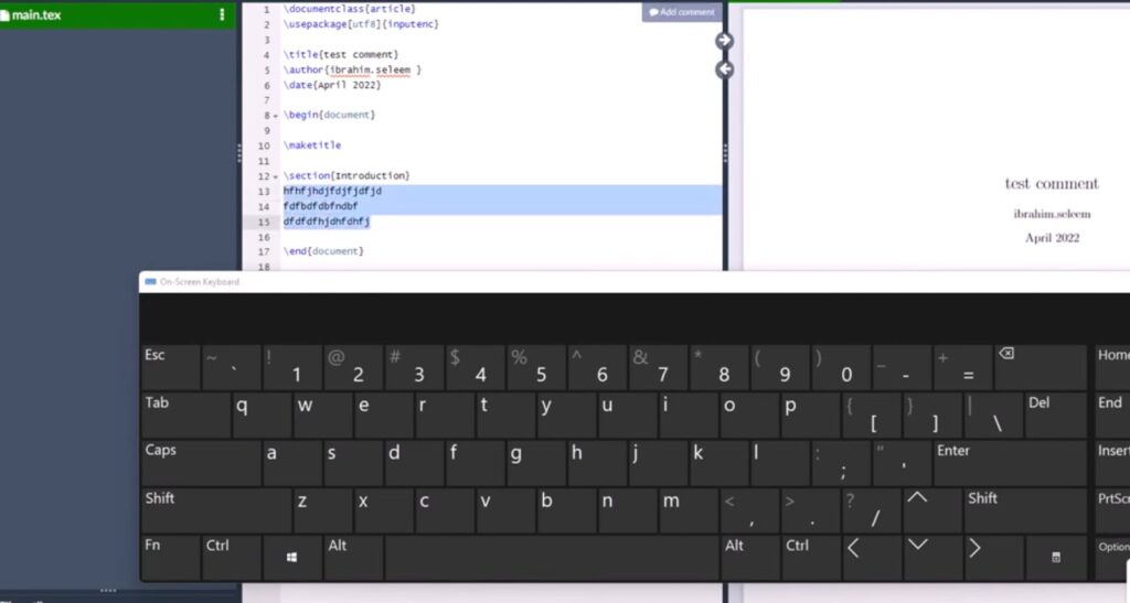 LaTeX editor with on-screen keyboard and document preview