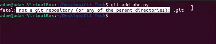 A terminal screen displaying a 'not a git repository' error message