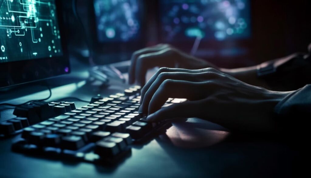 Man typing on computer keyboard at night